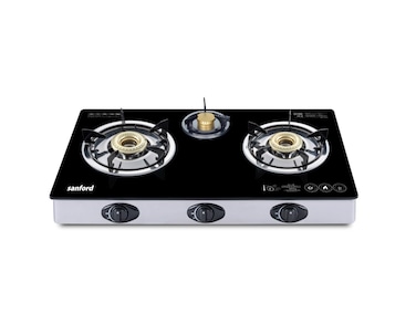 Sanford Triple Burner Gas Stove with Auto-Ignition, 8mm Tempered Glass, and High-Efficiency Brass Burners, Model SF5326GC-B (Black)