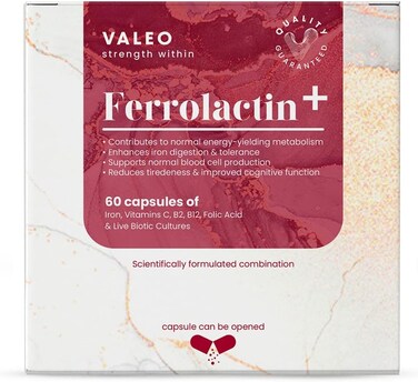 Valeo Ferrolactin+ &ndash; Iron Supplement With Vitamin C, B12, B2, Folic Acid &amp; Probiotics, Supports Hemoglobin, Energy &amp; Iron Absorption, 60 Capsules, Gentle On Stomach