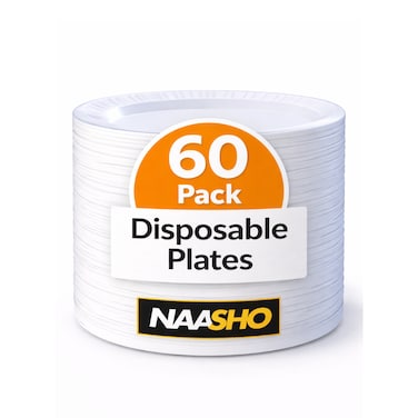 Heavy Duty Disposable Plates &ndash; White Party Plates for Catering, Birthday Parties, Weddings &amp; Events (Pack of 60)