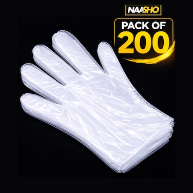 Disposable Clear Plastic Gloves Pack of 200 &ndash; Food Safe, Powder-Free Polyethylene Gloves for Cooking, Cleaning, Hair Coloring &amp; Household Use