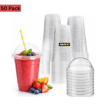Crystal Clear Disposable Cups with Dome Lids &ndash; Durable Smoothie &amp; Juice Cups for Cold Drinks, Parties, Cafes &amp; Events (50 Packs)