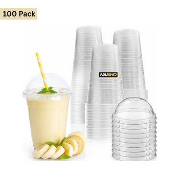 Crystal Clear Disposable Cups with Dome Lids &ndash; Durable Smoothie &amp; Juice Cups for Cold Drinks, Parties, Cafes &amp; Events (100 Packs)