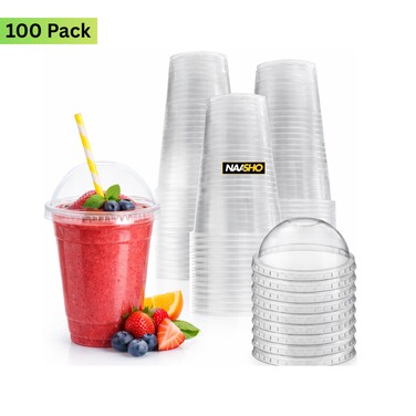 Crystal Clear Disposable Cups with Dome Lids &ndash; Durable Smoothie &amp; Juice Cups for Cold Drinks, Parties, Cafes &amp; Events (100 Packs)