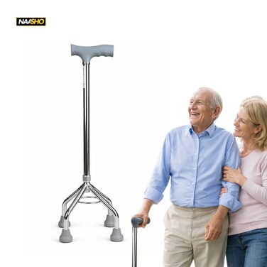 Walking Cane Quad Base &ndash; Adjustable Height Walking Stick with Non-Slip Rubber Feet &amp; Comfortable Grip for Daily Use