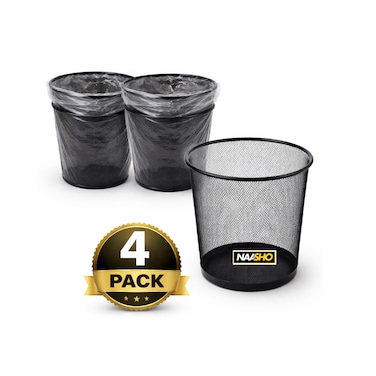 Premium Black Mesh Wastebasket &ndash; Strong Metal Trash Bin for Office, Home, Desk, Lightweight &amp; Sturdy (Pack of 4)