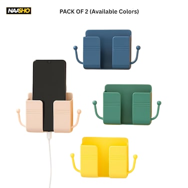 2Pcs Wall Mount Phone Holder Adhesive Wall Phone Mount Charging Stand and Remote Control Stand Multipurpose Socket Pocket Universal Deck Storage Box for Bedroom, Kitchen, Bathroom, Office