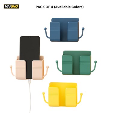 4Pcs Wall Mount Phone Holder Adhesive Wall Phone Mount Charging Stand and Remote Control Stand Multipurpose Socket Pocket Universal Deck Storage Box for Bedroom, Kitchen, Bathroom, Office