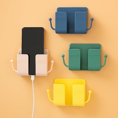 4Pcs Wall Mount Phone Holder Adhesive Wall Phone Mount Charging Stand and Remote Control Stand Multipurpose Socket Pocket Universal Deck Storage Box for Bedroom, Kitchen, Bathroom, Office