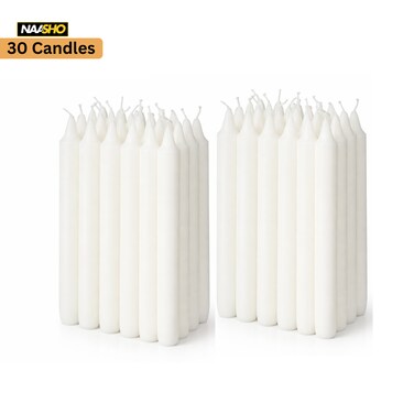 Premium White Taper Candles Set &ndash; Elegant Long Burning Dinner Candles for Luxury Home Decor, Wedding, Party &amp; Romantic Ambience &ndash; Smokeless Dripless Classic Design (Pack of 30)