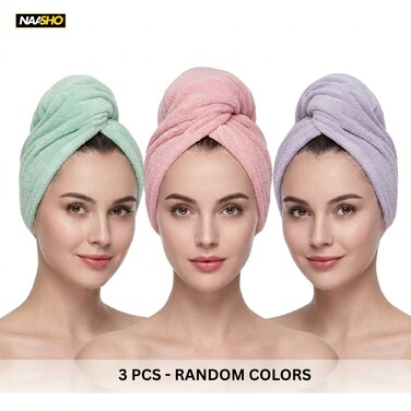 Microfiber Hair Towel for All Hair Style Quick Drying Hair Turban - Perfect for Women, Men and Kids (3 pcs Random colors)