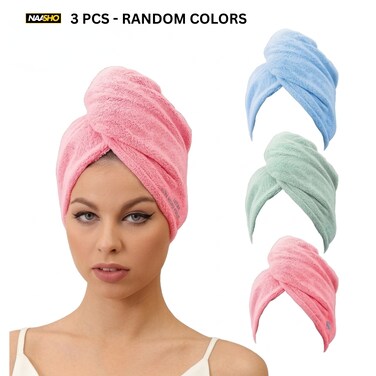 Microfiber Hair Towel for All Hair Style Quick Drying Hair Turban - Perfect for Women, Men and Kids (3 pcs Random colors)