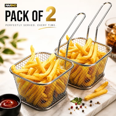 Premium Stainless Steel Fry Basket for Deep Fryer   Perfect for Fries, Snacks &amp; Serving (Pack of 2)
