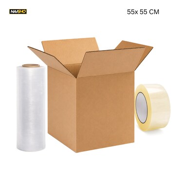 Shipping Carton Box 55x55cm, 5 Ply, Heavy Duty, Strong Packaging Boxes for Moving, Storage, Shipping, Cardboard (1 box, 1 tape, 1 Stretch Wrap)