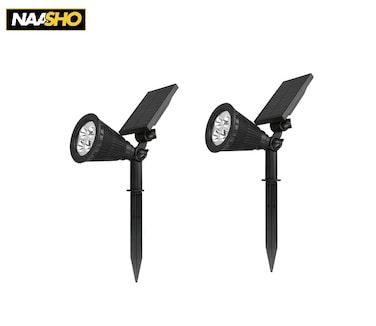 عبوة من مصباحين شمسيين مثبتين على قاعدة، بإضاءة LED بيضاء دافئة، مناسبين للاستخدام الخارجي، مقاومين للماء، مع قاعدة مدببة للحديقة، العشب، والفناء الخلفي.