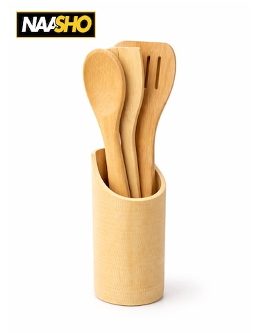 طقم أدوات مطبخ من الخيزران مع حامل - ملعقة طهي خشبية طبيعية، وملعقة مسطحة، وملعقة تقليب مثقبة لأواني الطهي غير اللاصقة