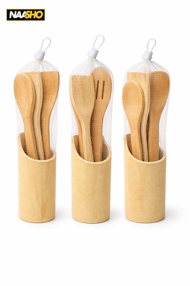 مجموعة أدوات مطبخ من الخيزران مكونة من 3 قطع مع حامل - ملعقة طهي خشبية طبيعية، وملعقة مسطحة، وملعقة تقليب مثقبة لأواني الطهي غير اللاصقة