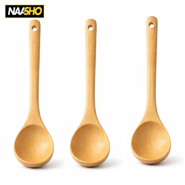 عبوة من 3 ملاعق طهي خشبية طبيعية للشوربة والصلصات والتقديم - أدوات مطبخ صديقة للبيئة لأواني الطهي غير اللاصقة