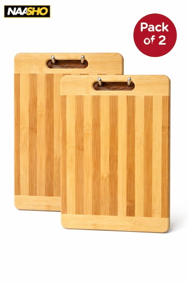 Pack of 2 Bamboo Cutting Board 34&times;24 cm &ndash; Natural Wooden Chopping Board with Handle for Kitchen, Vegetables, Meat &amp; Food Preparation