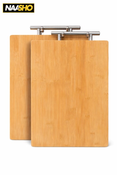 عبوة من لوحين للتقطيع من الخيزران، مقاس 40×30 سم، بمقبض من الفولاذ المقاوم للصدأ - لوح تقطيع خشبي متين للمطبخ
