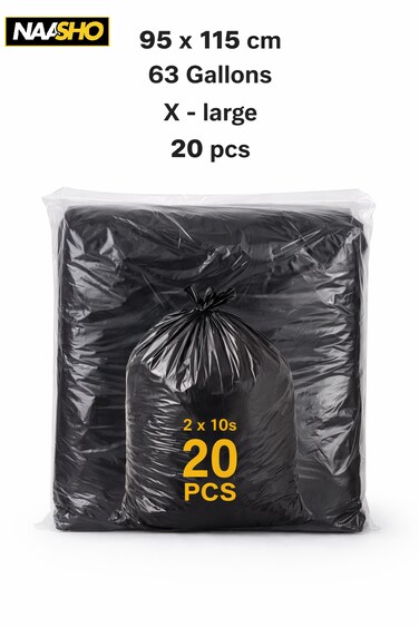 أكياس قمامة كبيرة جدًا 95×115 سم (63 جالونًا) - أكياس قمامة شديدة التحمل، 20 كيسًا أسودًا قويًا للنفايات
