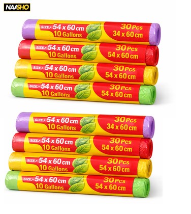 أكياس قمامة 54×60 سم (10 جالونات) - 8 لفات (30 كيسًا في كل لفة)، أكياس قمامة صغيرة قوية ومتينة للمنزل والمطبخ
