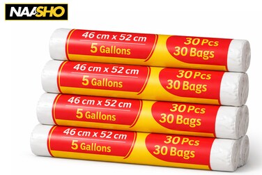 أكياس قمامة صغيرة 46×52 سم (5 جالونات) - 4 لفات (30 كيسًا في كل لفة)، أكياس قمامة قوية ومتينة للمطبخ والحمام
