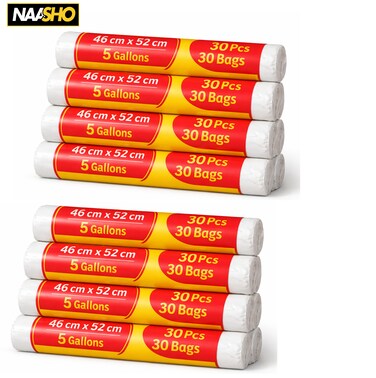 أكياس قمامة صغيرة 46×52 سم (5 جالونات) - 8 لفات (30 كيسًا في كل لفة)، أكياس قمامة قوية ومتينة للمطبخ والحمام
