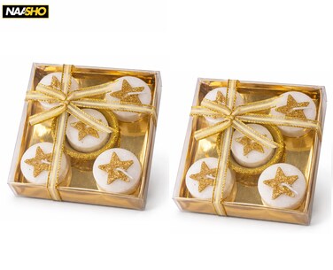 مجموعة هدايا شموع صغيرة مزخرفة - عبوة من قطعتين (10 قطع إجمالاً) شموع بتصميم نجمة مع صينية ذهبية وشريط، ديكور منزلي أنيق واحتفالي
