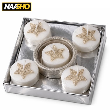 Decorative Tealight Candle Set &ndash; 5 Pieces Star Design Candles with Silver Tray &amp; Holder, Elegant Home &amp; Festive Decoration