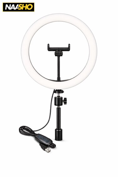 مصباح حلقي LED مقاس 10 بوصات مع حامل للهاتف المحمول وقاعدة - مصباح سيلفي يعمل بمنفذ USB للمكياج والفيديو والبث المباشر
