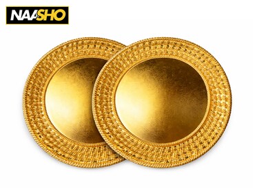 عبوة من قطعتين من أطباق التقديم الذهبية الفاخرة مقاس 25 سم (10 بوصات) - طبق تقديم مزخرف بحافة مزخرفة، ديكور أنيق لطاولة الطعام لحفلات الزفاف والمناسبات والحفلات.
