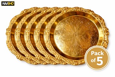 عبوة من 5 صواني تقديم فاخرة من الفولاذ المطلي بالذهب، قطر 25 سم - صينية معدنية دائرية مزخرفة بتصميم أنيق منقوش، مثالية للتقديم وتزيين الطاولة والاستخدام المنزلي