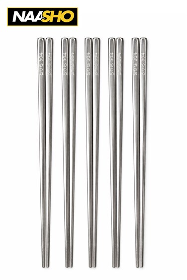 طقم عيدان طعام من الفولاذ المقاوم للصدأ، 10 قطع - عيدان معدنية قابلة لإعادة الاستخدام، تصميم متين مانع للانزلاق، مثالية للسوشي والنودلز والمأكولات الآسيوية
