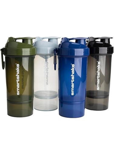 Smartshake O2GO ONE 4-Pack Protein Shaker Bottle 600 ml   20 oz - Storage Included - Leakproof Screw-on Lid - BPA Free &ndash; Unisex - Mist Gray, Army Green, Black, Navy Blue