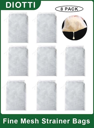 8 Pack Reusable Fine Mesh Strainer Bags, Nut Milk &amp; Cheesecloth Bags with Drawstring, Nylon Food Filter Bags for Juice, Coffee, Tea, Yogurt, Home Brewing