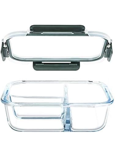 U HOME Glass Meal Prep Containers Glass 3 Compartment- Glass Food Storage Containers - Glass Storage Containers with Lids - Divided Glass Lunch Containers Food Container 24 Ounce