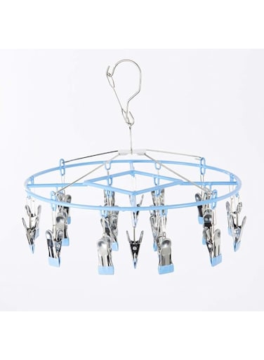 souqoon Souqoon&reg; Hanging Drying Rack Stainless Steel Drying Rack Socks Clothes Clip Hook Drying Rack Clip Drying Artifact Round 24 Clip Laundry Drying Rack Sock Hanger (Blue)