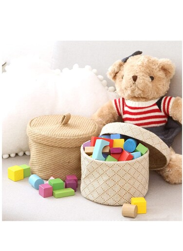 2 Pack Nordic Jute and Cotton Linen Home Office Storage Basket and Round Toy Organizer Box with Lid