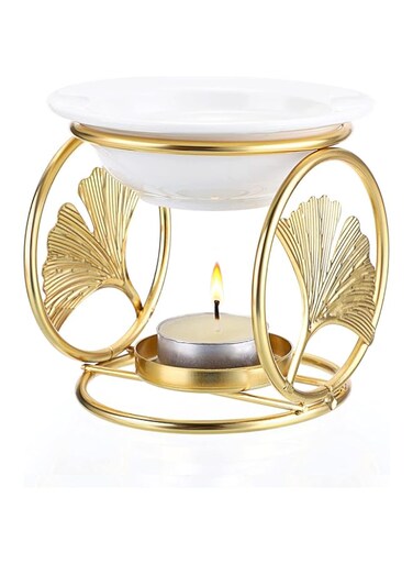 NALACAL Metal Wax Melt Burner Essential Oil Burner with Ceramic Dish, Decorative Aroma Diffuser Tealight Candle Holder for Wax Melting (Gold)