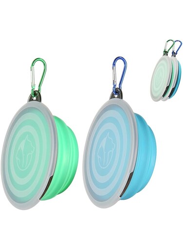 SLSON Collapsible Bowl with Cover Lids,2 Pack Dog Travel Bowls Portable Foldable Cat Water Dish Bowl for Pets Walking Parking Camping (Light Blue and Green, Small)