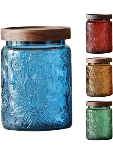 Glass Jar, Sunflower Storage Jar, 23.7 FL OZ Glass Jar with Solid Wood Lid, Glass Food Storage Canister for Kitchen, Laundry Detergent, Coffee, Candy Jar Cute Jar (Blue)