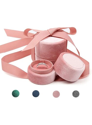 Oasisgalore Velvet Ring Box - Gorgeous Round Wedding Ring Box with Elegant Ribbon Bow Vintage Jewelry Holder Gift Organizer for Proposal, Engagement, Ceremony, Photography (Pink Small)