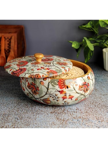 Brick Brown Premium Handcrafted Solid Wood Marigold Roti Casserole For Kitchen   Round Hot Pot, Roti Dabba With Lid   Casserole For Dining, 1640Ml(8.8X8.8X4.3Inch)