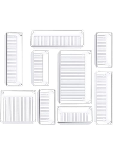 ELECDON 9 Pcs Desk Drawer Organizer Trays 4-Size Bathroom Drawer Tray Dividers Plastic Vanity Organizers Storage Bins for Makeup Dresser Kitchen Office (Clear)
