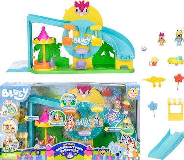 مغامرة بلووي في مدينة الملاهي، 4 ألعاب فريدة، ركوب الخيل الدوارة، مصعد الصاروخ، الأفعوانية وعجلة فيريس، تتضمن مجسمات بلووي وبينغو الحصرية و9 قطع لعب.