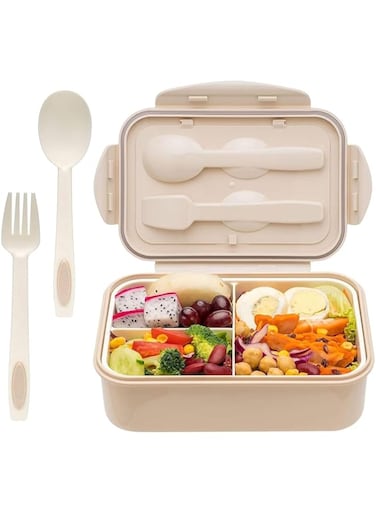 Adando Lunch Box Kids Bento Box Thermal Insulation Lunch Containers for Adults/Kids/Toddler -Double-Deck-3 Compartment Freezer Microwave Safe BPA Free Leak proof Food Container (Beige)