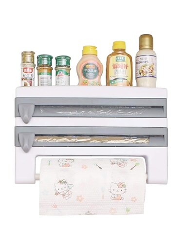 Wall Mounted 4-in-1 Wall-Mount Paper Towel Holder Bathroom Tissue Roll Hanger Toilet Paper Roll Holder Kitchen Spice Rack Roll Holder Towel Paper Dispenser Organizer Shelf with Foil Film Cling Cut