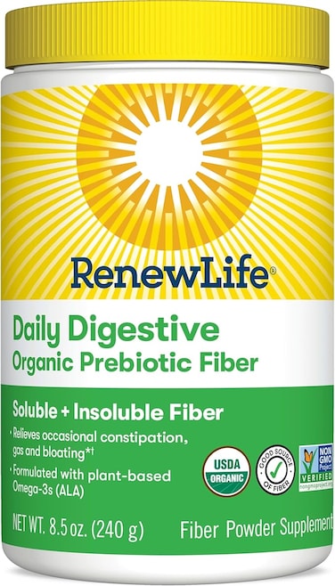 Renew Life Adult Daily Digestive Organic Prebiotic Fiber, Plant-Based Omega-3, Soluble &amp; Insoluble Fiber Powder, Helps Reduce Constipation, Gas, &amp; Bloating, 8.5 Oz