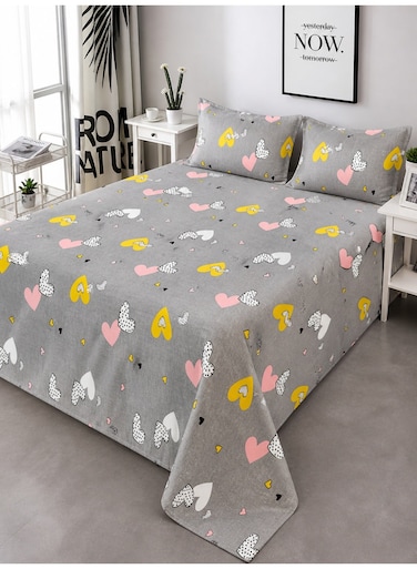 King Size Double Bedsheet Set 220x240cm Heart Printed Design with 2 Pillow Covers Soft 125 GSM Fabric Durable &amp; Fade Resistant Comfortable Bedding Set
