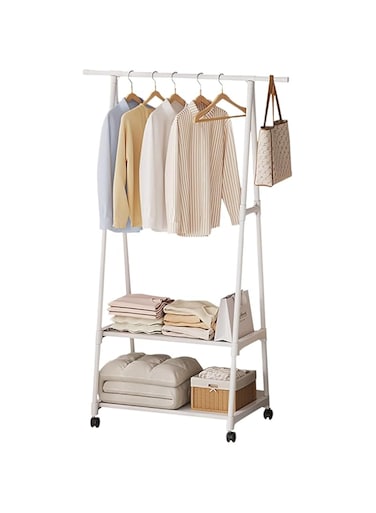 Beauenty Clothes Rack, Clothes Drying Stand, Coat Rack, Sturdy Rolling Clothing Rack with Wheels, Multifunctional Metal Garment Rack with 2-Tier Shelf, (White)